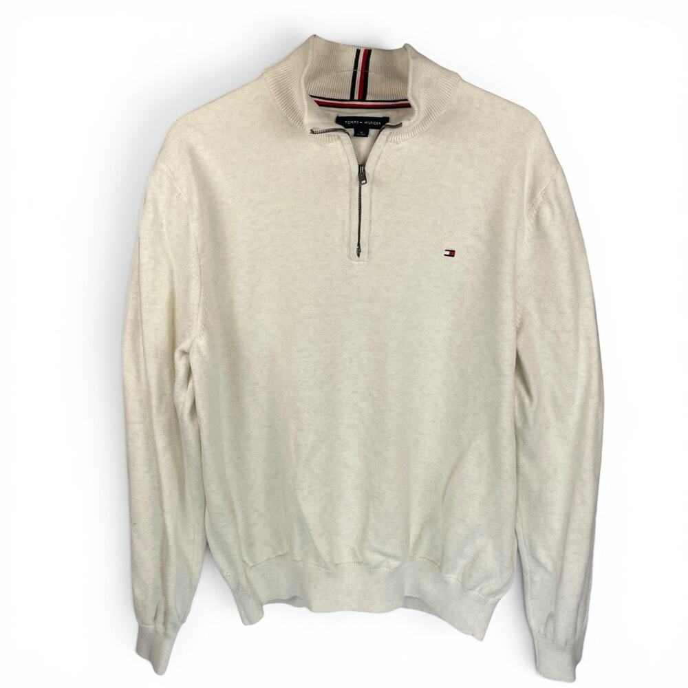 Tommy Hilfiger Men's Cotton Quarter Zip Sweater Pullover Beige Size XL